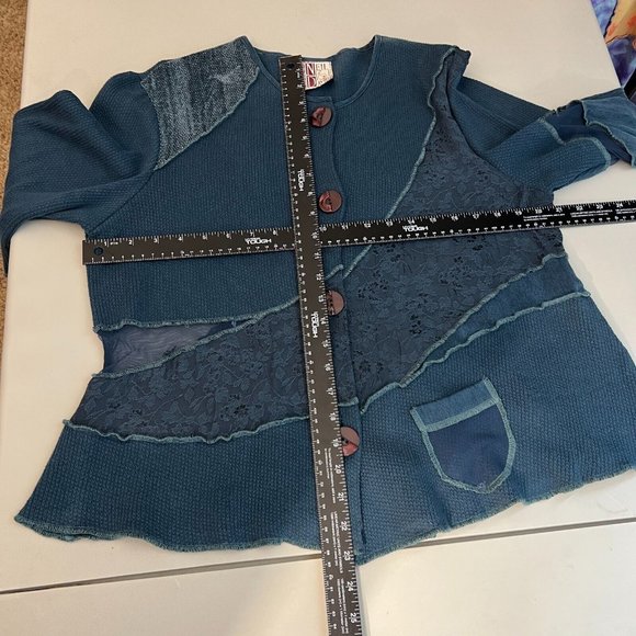 Neil & David Top Women Small Blue Art-to-Wear Thermal Lace Mesh Button Up Topper - Picture 2 of 13